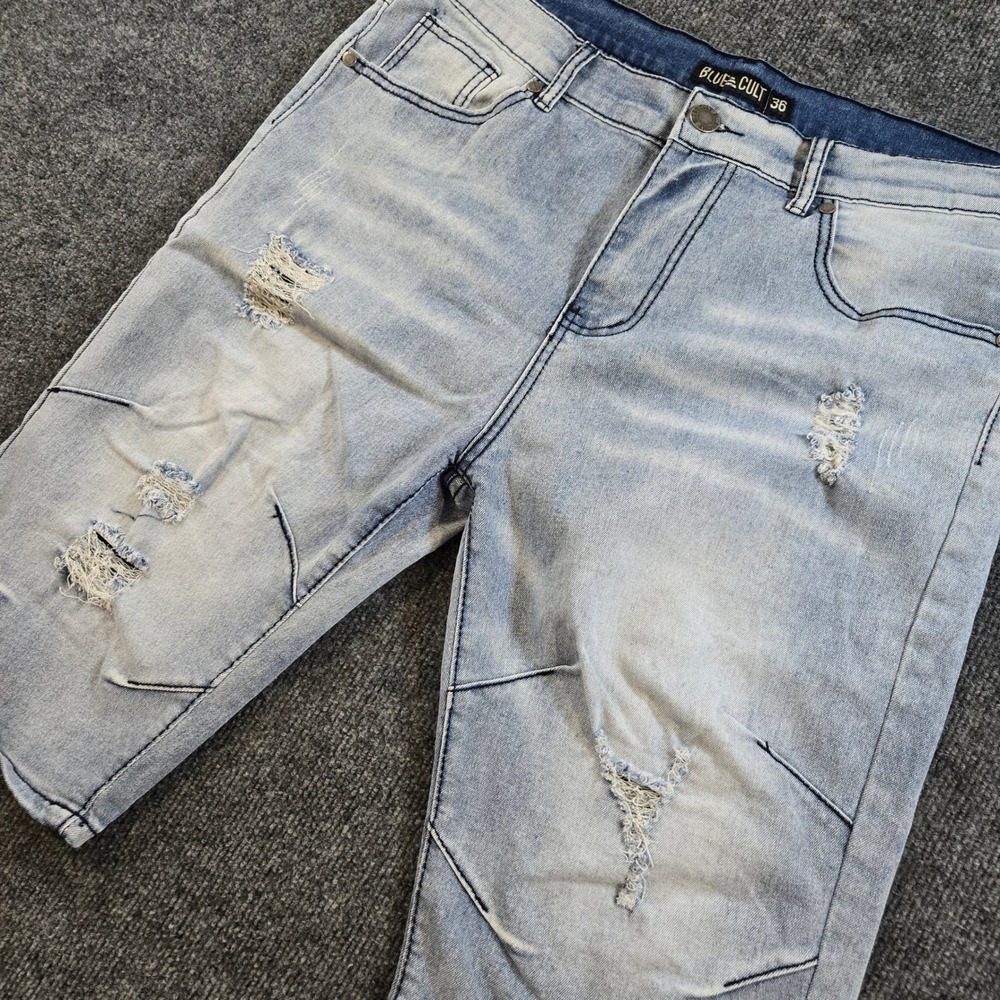 Blue Cult Biker Moto Jean Shorts Men's Size 36 Light Wash Distressed Ripped